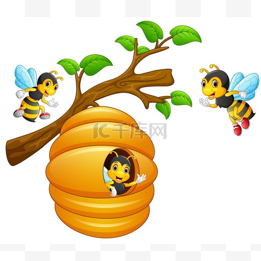 蜜蜂飞出蜂巢挂在树上的树枝图片