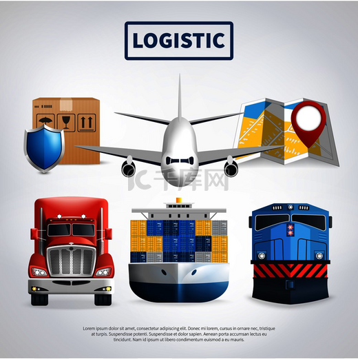 物流彩色海报与运输工具运送货物和大标题矢量插图。图片