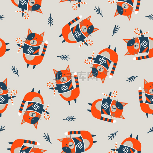 浅色背景上的无缝圣诞冬季图案可爱的橙色猫咪穿着针织保暖毛衣用于在纺织品纸张上无缝打印的矢量插图浅色背景上的无缝圣诞图案矢量插图图片