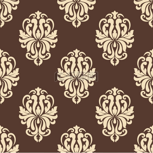 米色优雅的花卉蔓藤花纹无缝图案，采用复古锦缎风格，用于墙纸、瓷砖和织物设计，与棕色背景隔离图片
