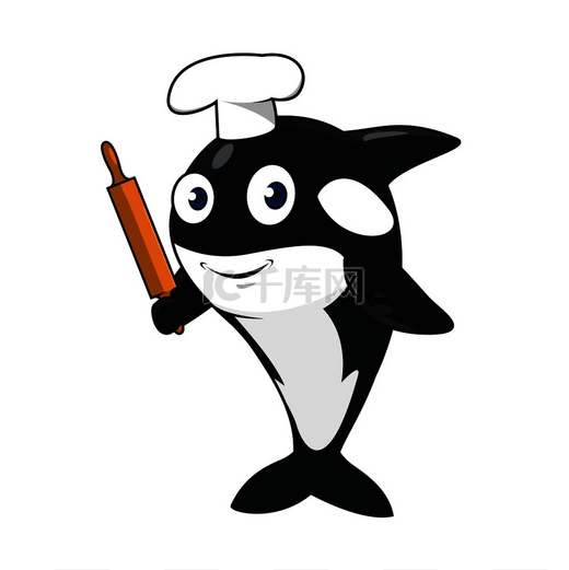 戴着白色厨师帽的滑稽卡通虎鲸贝克角色站在尾巴上，鳍上有木制擀面杖。图片