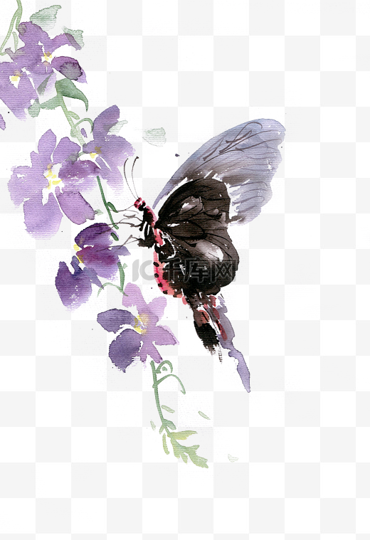 紫色花与黑蝴蝶水墨图片