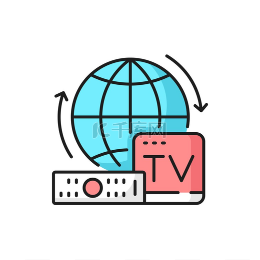 互联网电视和媒体大纲图标电视盒、遥控器和地球仪。图片