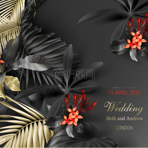 深色背景矢量海报上的热带黑色和金色叶子美丽的植物设计与金色热带丛林棕榈叶，异国情调的红色花朵婚礼邀请卡，圣诞贺卡。图片