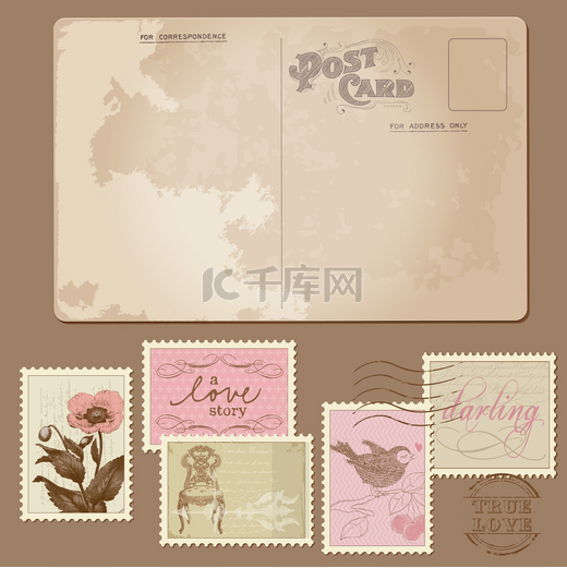 复古明信片和邮票-婚礼设计图片
