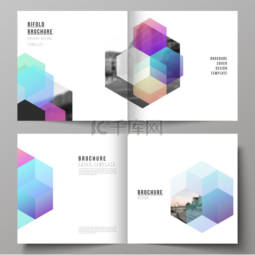 两个封面模板的矢量布局，带有彩色六边形、几何形状、方形设计双折小册子的技术背景、传单、杂志、封面设计、书籍设计、小册子封面。图片