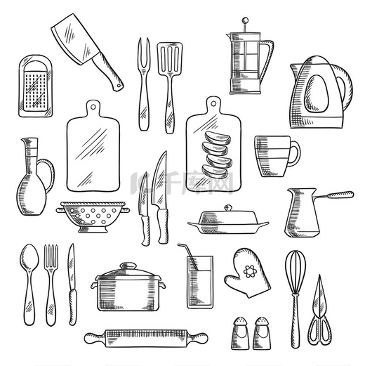 厨房用具和器具素描图标包括茶壶和咖啡壶、刀子、叉子和勺子、杯子、玻璃杯和水壶、抹刀和切菜板、刨丝器和擀面杖、电水壶和锅、搅拌器、剪刀和漏勺、盐和胡椒瓶。图片