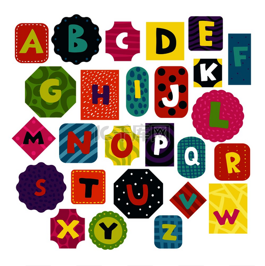 儿童字母表有趣的形状和纹理字母卡片集合为学龄前儿童蹒跚学步的小孩孤立的矢量插图。图片