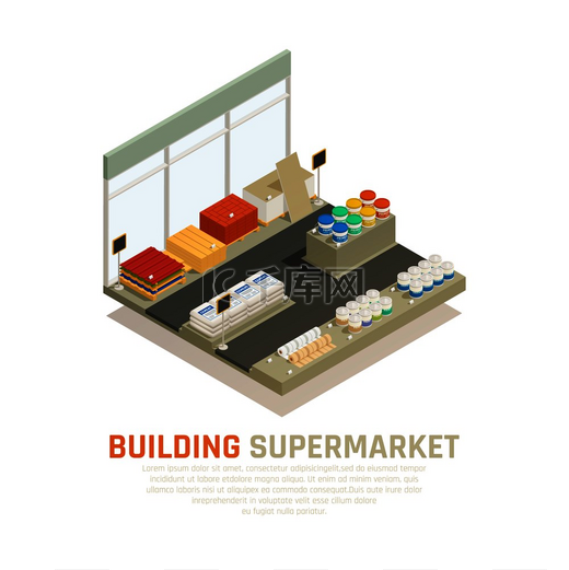 建筑材料等距背景与五金店商店展示和建筑用品销售矢量图的组成。图片