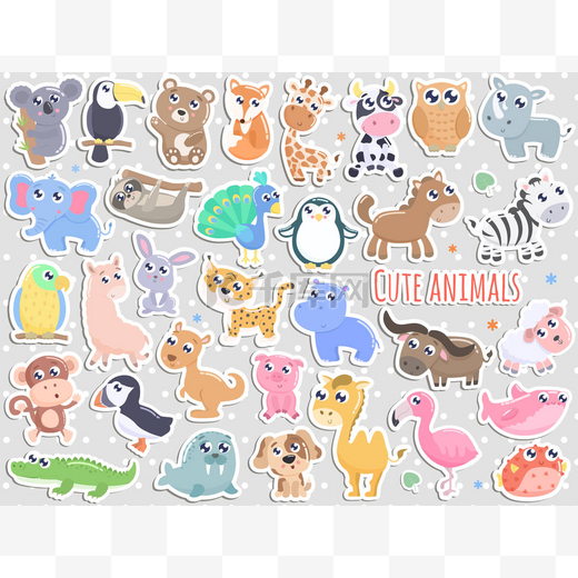 大套可爱的卡通动物贴纸矢量插图。扁平设计.图片