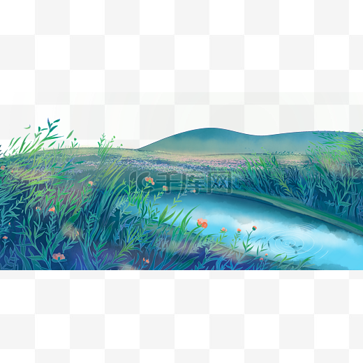 水彩花卉水彩河流远山背景图片
