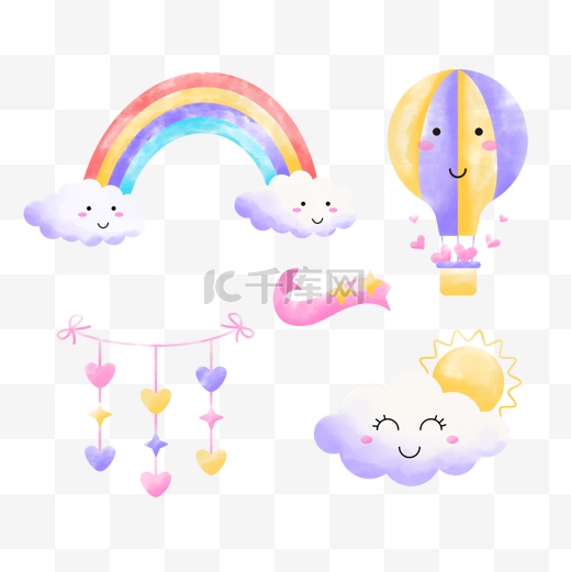 色彩斑斓的云朵热气球水彩组合图片