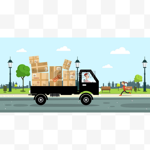 送货服务车纸盒与街上与城市公园在背景上的驱动程序。矢量图.图片