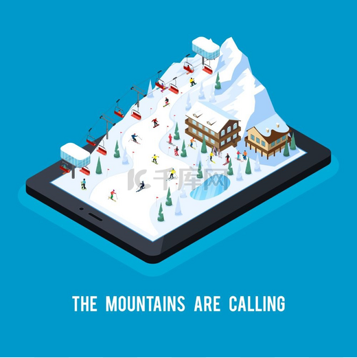 在线滑雪场概念滑雪场等距概念构图带有雪山风景平板电脑屏幕上有索道矢量插图图片