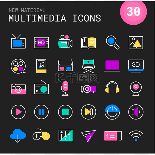 多媒体的线性图标集合图片
