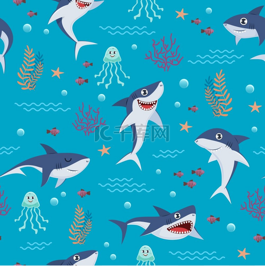 卡通鲨鱼图案无缝的背景可爱的海洋鱼类微笑的鲨鱼角色和海底世界矢量航海壁纸卡通鲨鱼图案无缝背景可爱的海鱼微笑的鲨鱼角色和海洋内衣图片