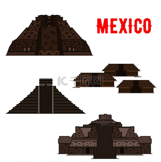 墨西哥文化的古代标志性建筑著名的考古玛雅人和印加人旅行物品和景点的矢量元素墨西哥古代文化地标图片