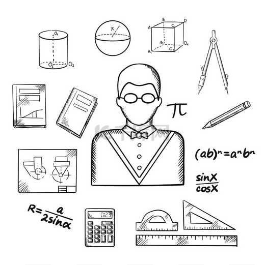 数学家职业与老师一起用眼镜、公式、计算器、尺子、圆规、铅笔、教科书、绘图和几何图形绘制图标。图片