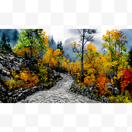 秋季的山路水墨图片