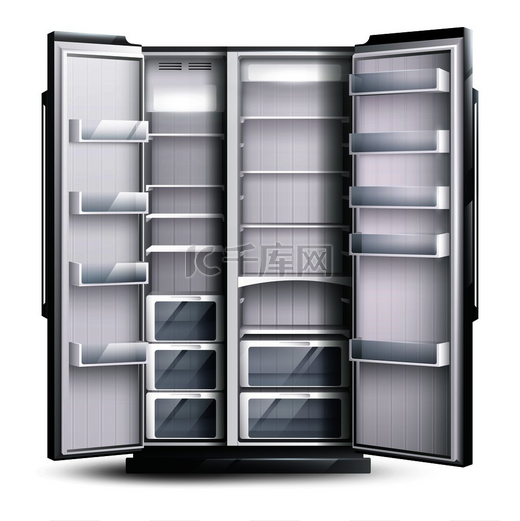 冰箱组织单色设计理念，在白色背景上打开空的更宽的冰箱，写实风格矢量图解。图片