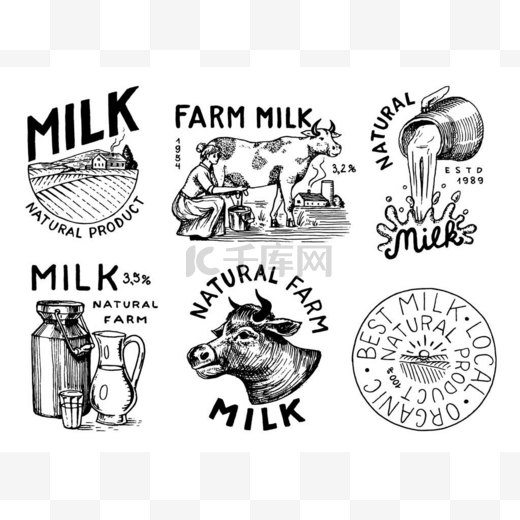 牛奶盒。奶牛和女农民、挤奶女工、水壶和瓶子、包装和草地。古董店的标志T恤衫的徽章。手绘素描。矢量说明.图片