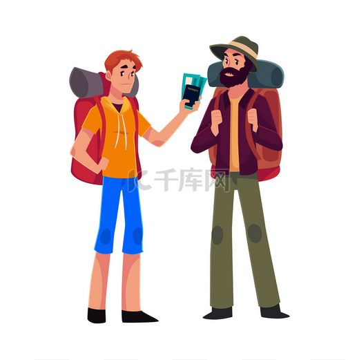 两个男人旅行，搭便车背包与票图片