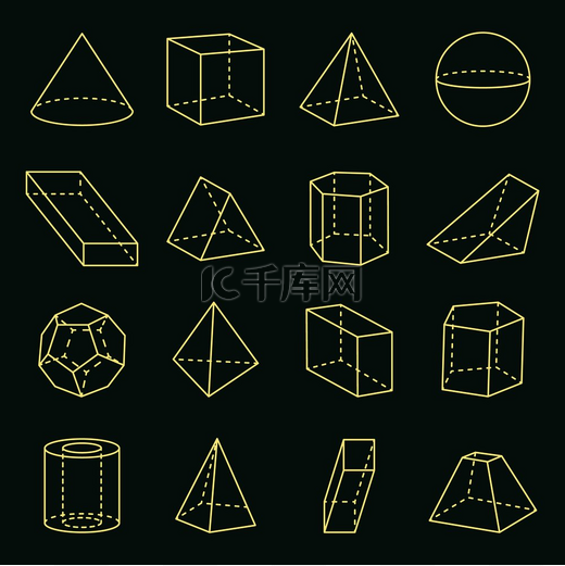 几何形状，集合 3D，带有形状的横幅，圆锥体和立方体，十二面体和六角棱柱，表格集矢量图，在绿色上隔离。图片
