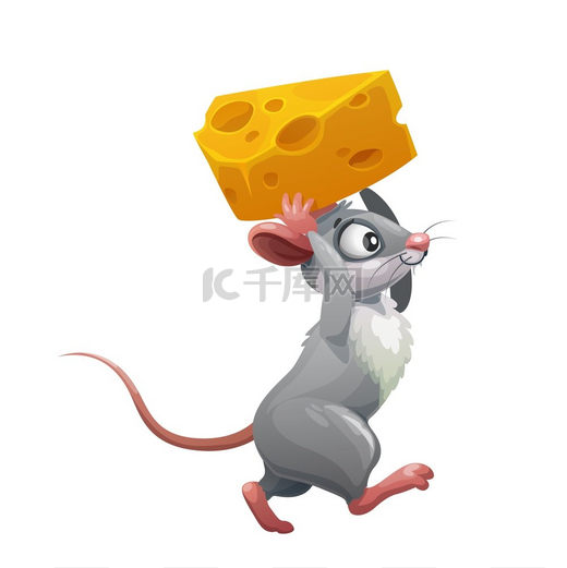 带奶酪的卡通灰色老鼠、可爱老鼠的矢量啮齿动物或将奶酪带到老鼠洞的有趣的小老鼠角色。图片