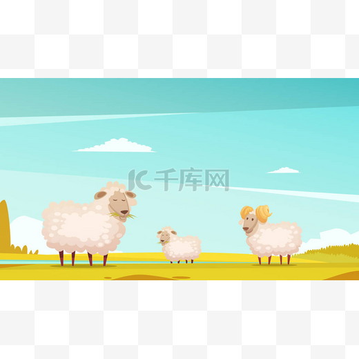 在农田上放牧绵羊卡通海报图片