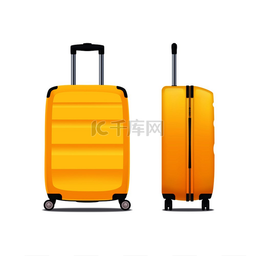 现代黄色塑料手提箱的正面和侧面视图，带轮子和可伸缩手柄，白色背景逼真矢量图解。图片