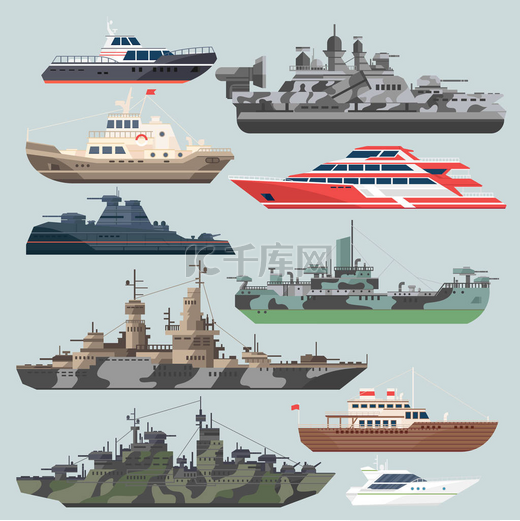 客船和战舰。海中的潜艇驱逐舰。水船矢量插图在平面样式图片