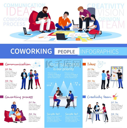 共同工作人员公寓信息图海报通过灵活的工作空间平面信息图海报矢量插图共享工作环境的共同工作和沟通创意图片