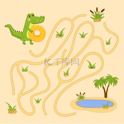 鳄鱼迷宫迷宫之谜帮助鳄鱼找到通往绿洲湖的路为孩子们选择方向游戏逻辑测试矢量插图学前休闲教育活动有趣的任务鳄鱼迷宫迷宫谜题帮助鳄鱼找到方法图片