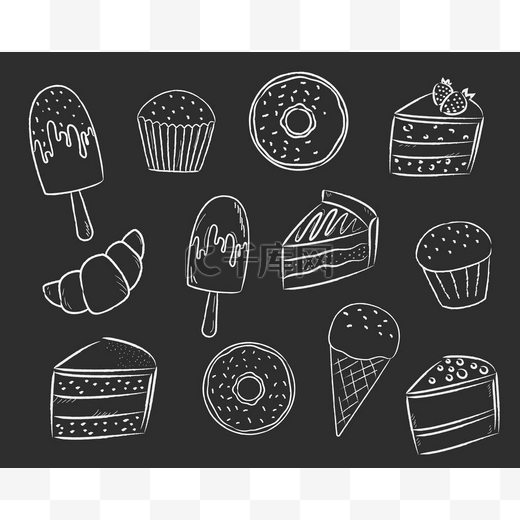 一套粉笔甜点和糖果.矢量烘焙插图涂鸦。黑暗的背景蛋糕、饼干、冰淇淋、甜甜圈、羊角面包图片