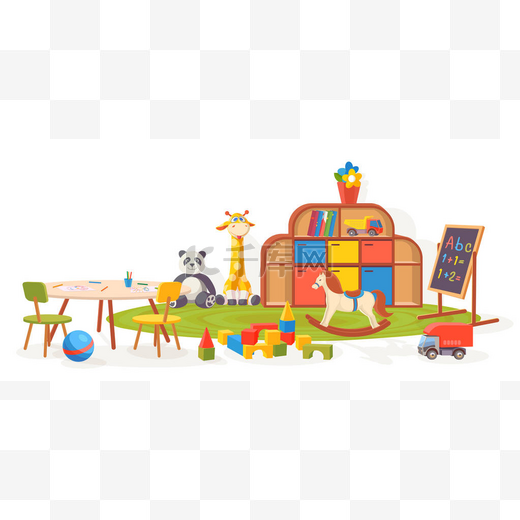 游戏空间。用玩具、地毯、桌子和黑板装饰幼儿园的教室家具。卡通片儿童学前内向量图解图片