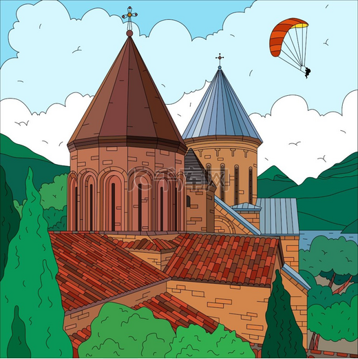 背景矢量图中有教堂树山和飞行降落伞的平坦景观图片
