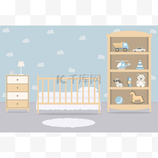 孩子给新生婴儿的房间 一个男婴的内室 照片里有一张小床，一个装有玩具和其他东西的衣柜。 矢量说明图片