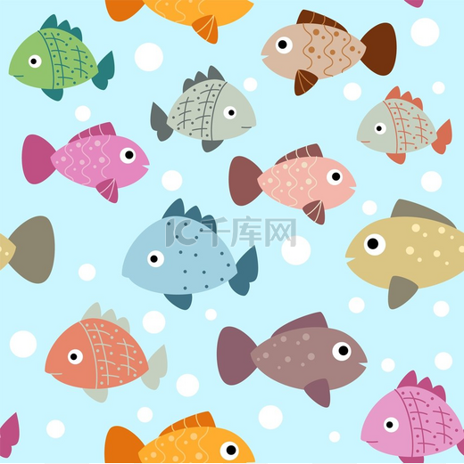 鱼形无缝图案孩子们以水上动物为背景水下动物五颜六色的热带水生生物海洋珊瑚礁海洋性质海水水族馆卡通矢量重复印刷设计鱼形无缝图案儿童背景与水阿尼图片