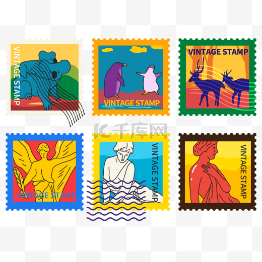 邮戳邮票组合动物人物复古样式图片