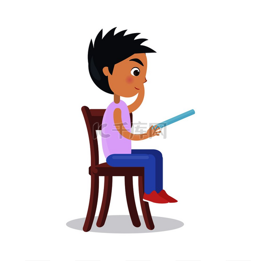 男孩坐在椅子上阅读童话矢量插图的轮廓在白色上孤立。图片