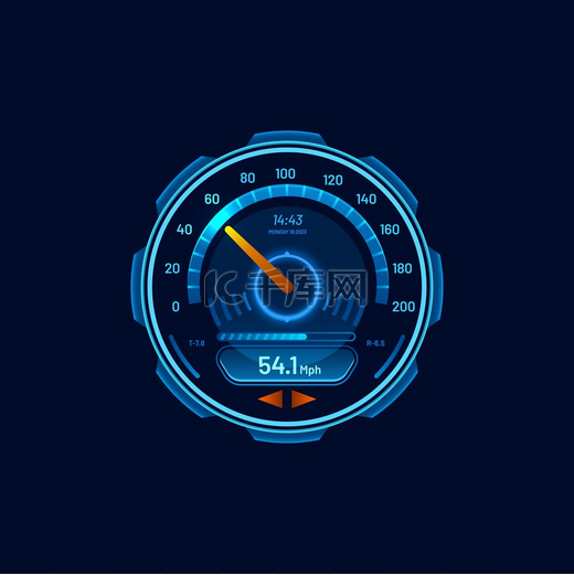 车速表、未来派汽车速度计或仪表盘、矢量、霓虹灯 LED 数字仪表板界面。图片