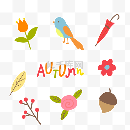 秋季小鸟花草贴纸套图图片