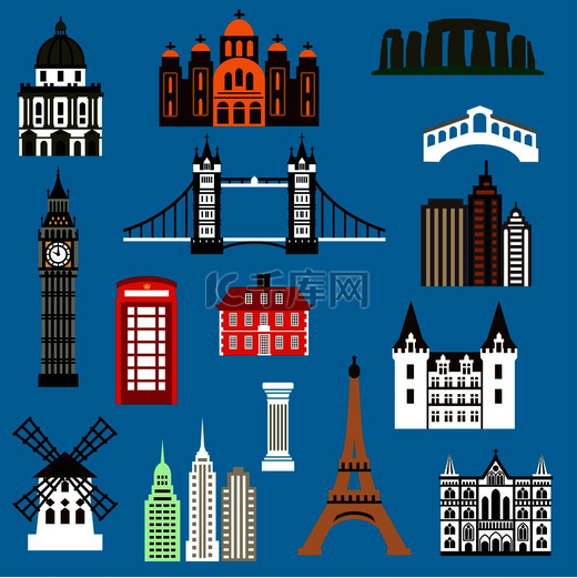 平面风格的世界旅游地标图标与法国、英国、希腊、美国、澳大利亚和意大利的建筑。图片