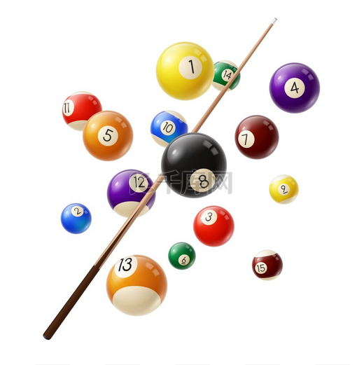 台球和球杆三维逼真向量各种颜色的台球手指在空中飞舞木质球杆孤立在白色背景上斯诺克或台球俱乐部体育比赛设备台球和球杆三维逼真向量图片