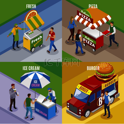街头食品等轴测设计概念与新鲜果汁披萨冰淇淋和汉堡隔离矢量插图街道食品等距设计概念图片