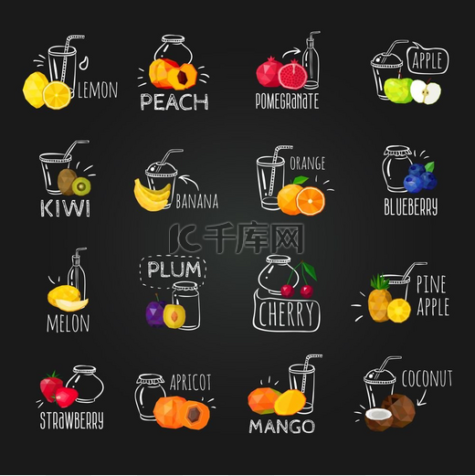 新鲜水果彩色黑板图标集新鲜多彩的水果浆果黑板菜单配石榴桃奶昔和椰子蓝莓汁广告海报矢量插图图片