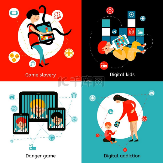 儿童网络成瘾4平面图标儿童和青少年网络游戏成瘾危险4个平面图标方形海报邮件抽象孤立矢量插图图片