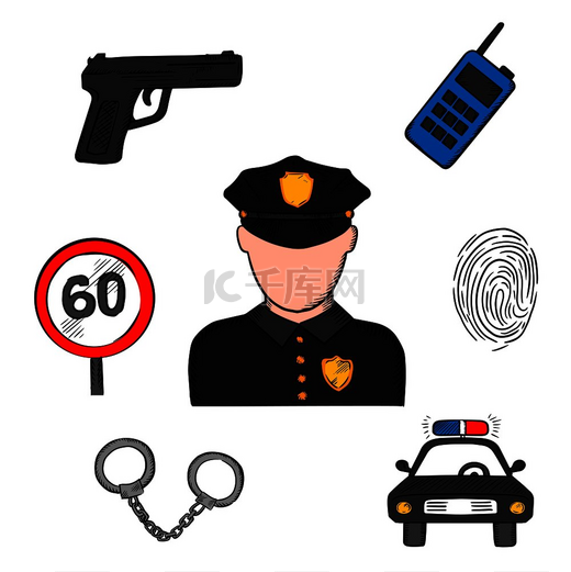 警察职业概念与身穿黑色制服的警官被警车、便携式无线电收发器、指纹、手铐、枪和限速标志包围。图片