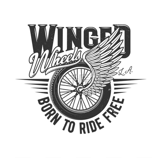机翼上的轮子、摩托车赛车手或赛车、矢量图标或复古 T 恤印花。图片