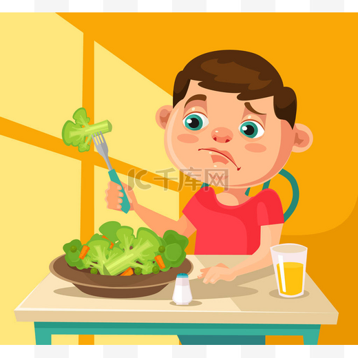 孩子性格并不想要吃西兰花。矢量平面卡通插画图片